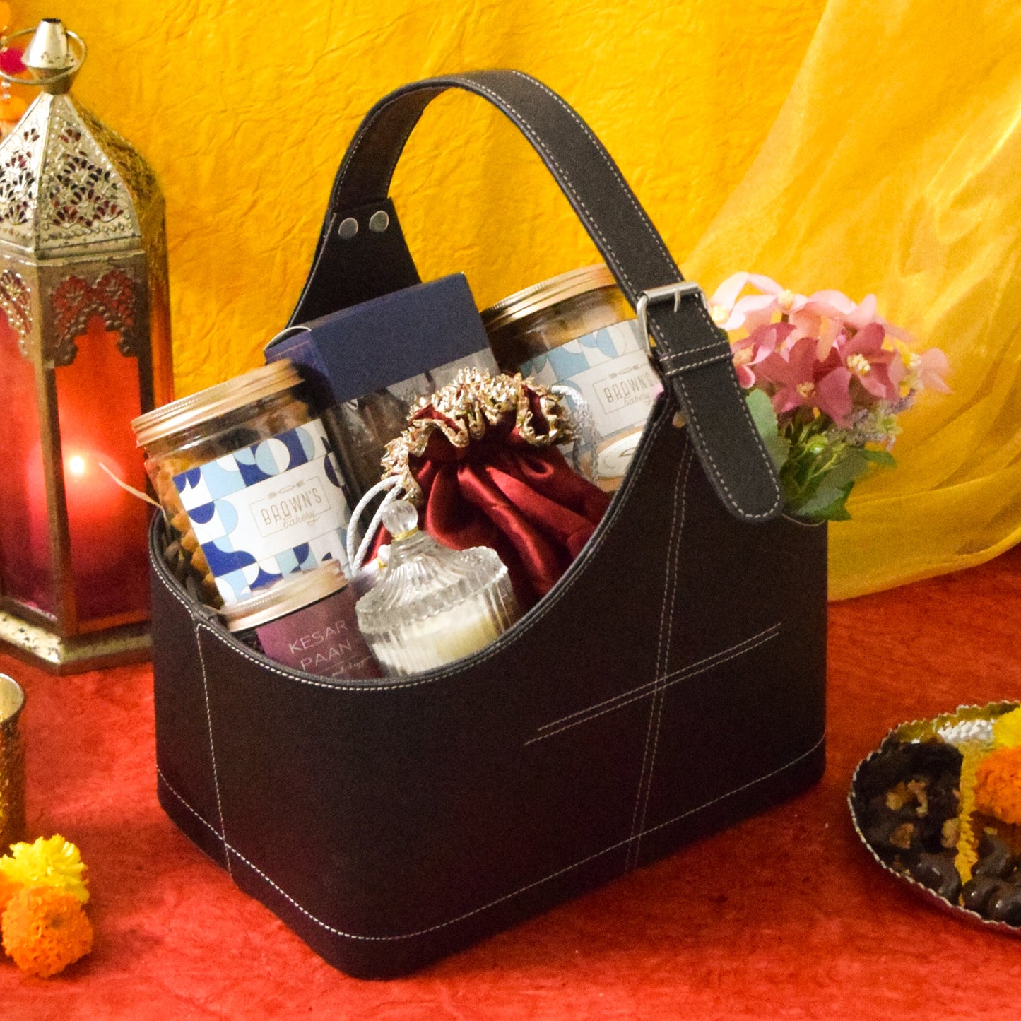 BROWN BUCKLE LEATHER HAMPER