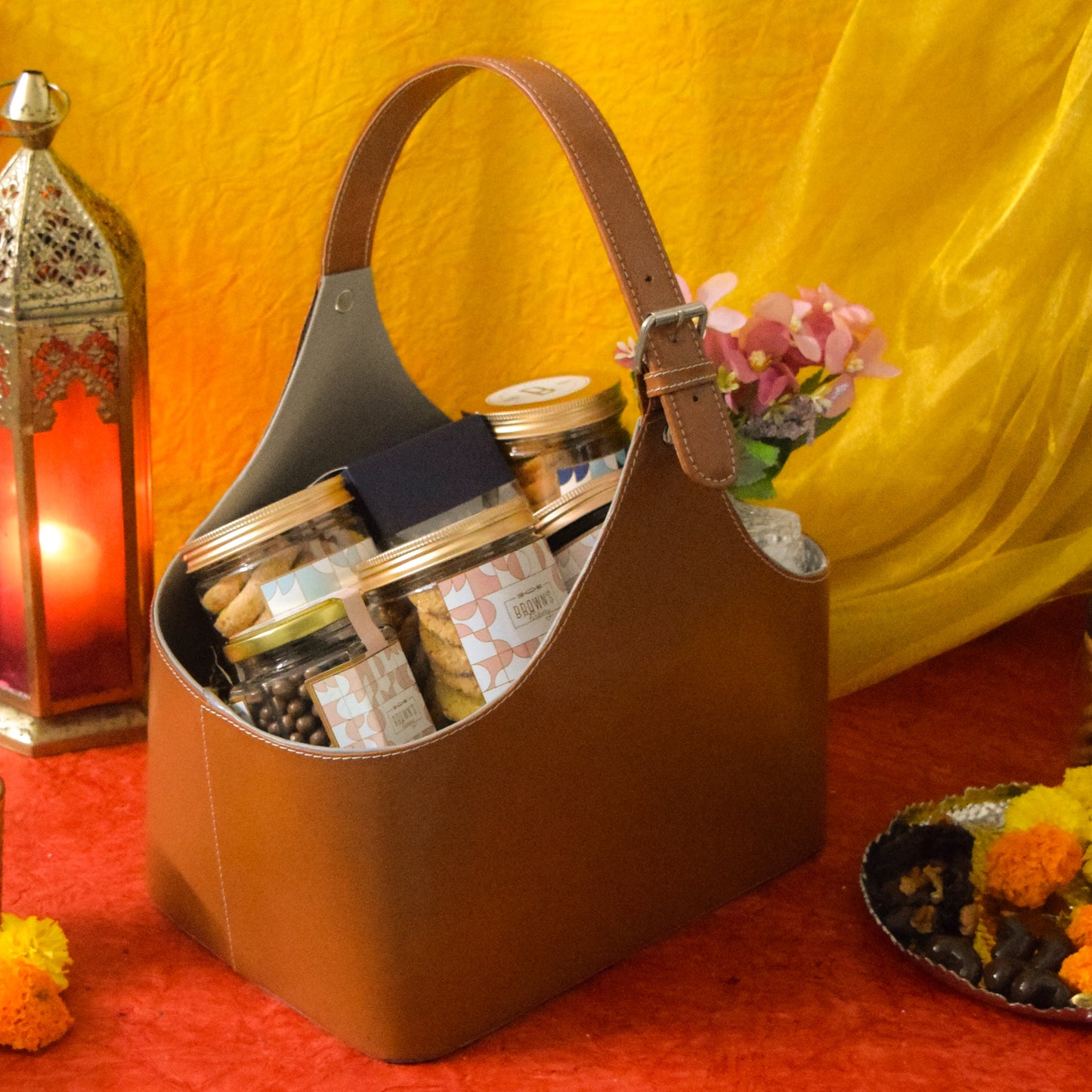 TAN BUCKLE LEATHER HAMPER